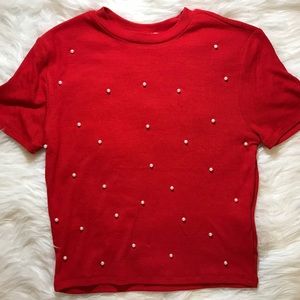 Ribbed Red Top with Pearl Details -S, M, L